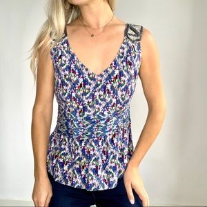 Anthropologie Beaded Shoulder Blue Green Red Top 8